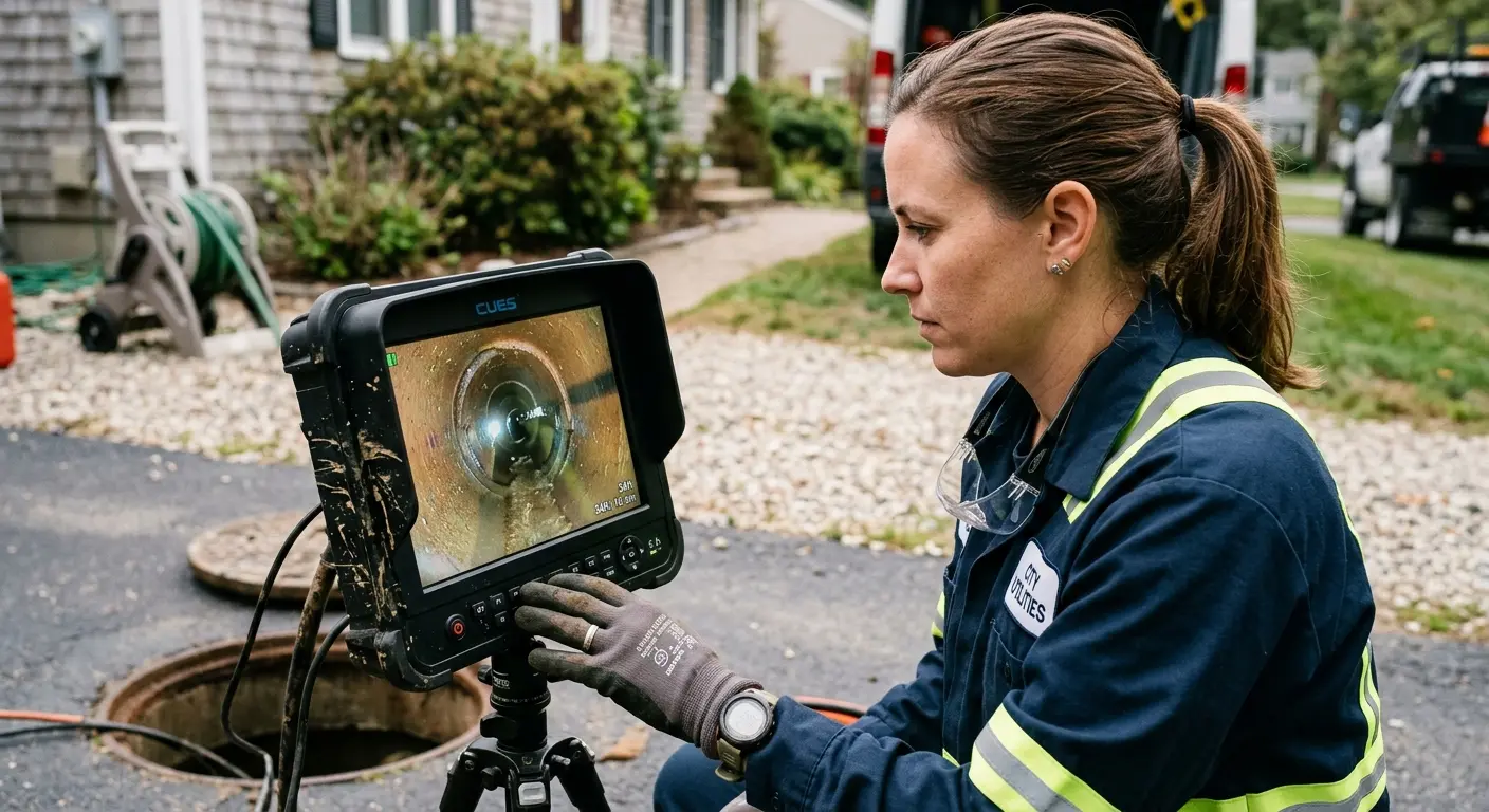 Technician reviewing sewer camera inspection footage in Union Mill
