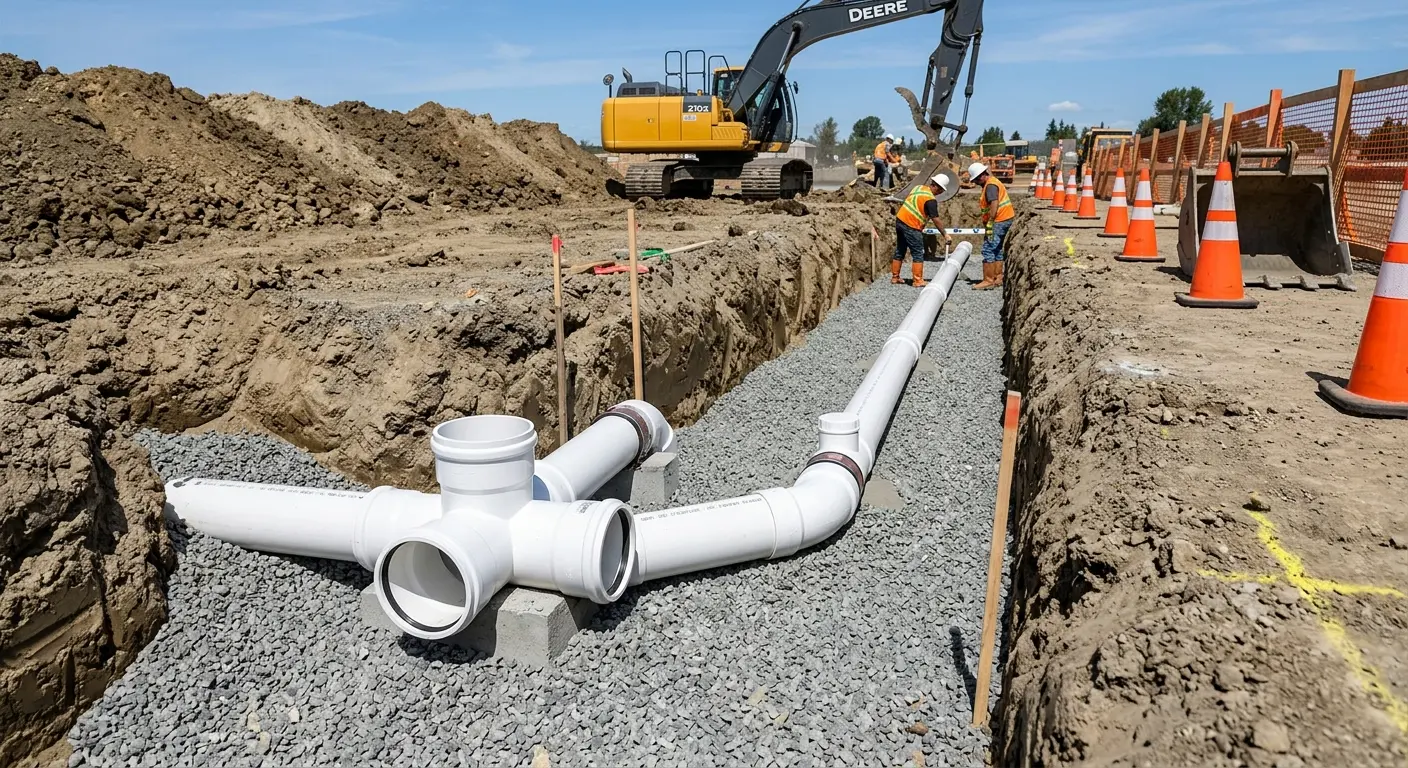 New PVC sewer pipe installation in open trench for Sewer Backup in Union Mill