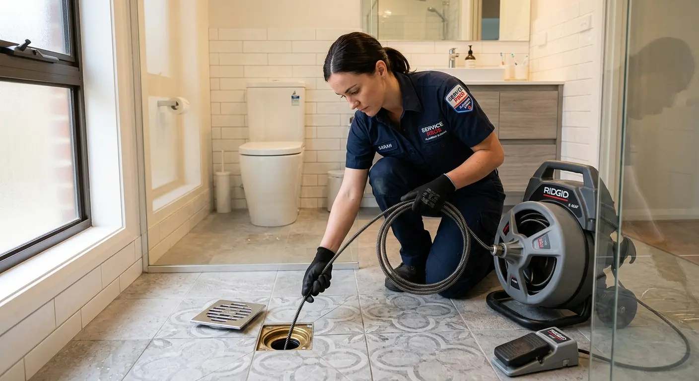 Technician clearing a bathroom floor drain for Drain Cleaning in Union Mill